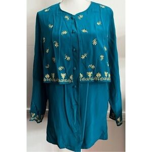 Diane Von Furstenberg • Teal Gold Embroidered Vintage Silk Blouse